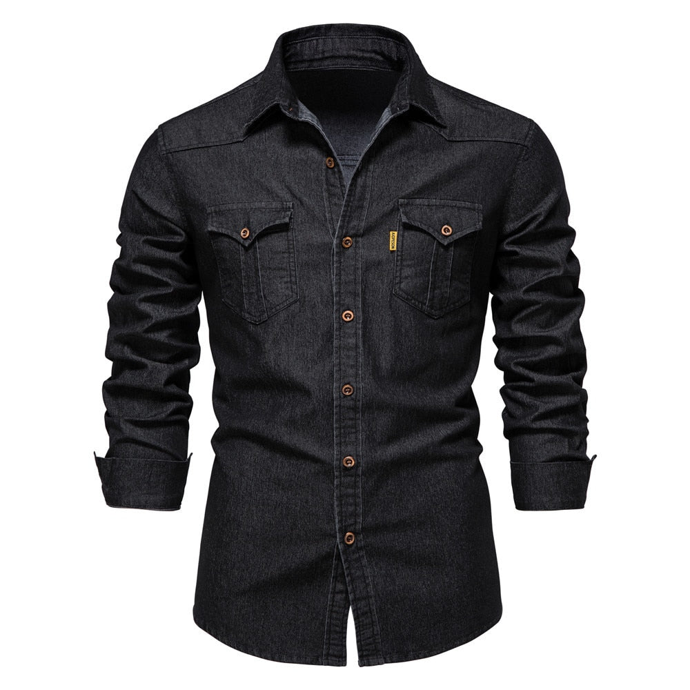 Elastic Cotton Denim Shirt Long Sleeve Cowboy Casual - peterkaczconnect